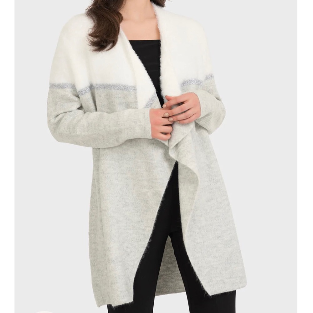 Joseph Ribkoff Cardigan Large Long Open Comfort Gray White Long Sleeve Sweater